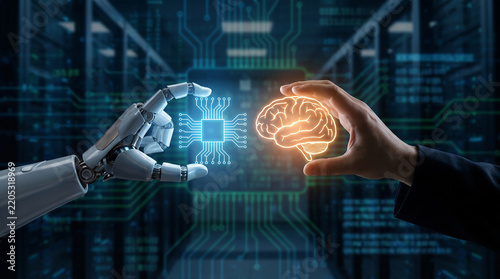 Futuristic artificial intelligence robotic hand touching human brain icon symbolizing advanced machine learning technology concept in modern data center