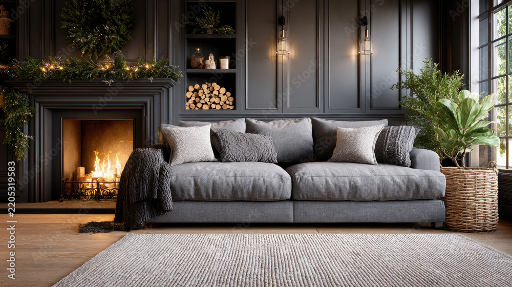 Obraz premium Modern living room with a burning electric fireplace, plush sofa with cushions and blanket, rustic wood mantel with candles and dried plants, warm cozy neutral decor