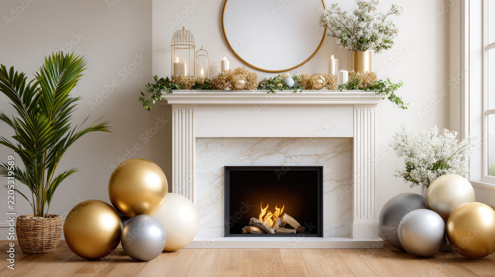 Obraz premium Elegant christmas living room interior featuring a decorated fireplace. Sparkling golden and silver balloons. Glowing candles. And festive garlands