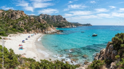Stunning mediterranean beach with turquoise water white sand and rocky cliffs on a sunny summer day
