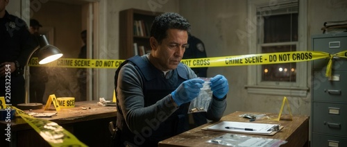 Detective examines evidence bag at crime scene tape in dimly lit office forensic investigation concept