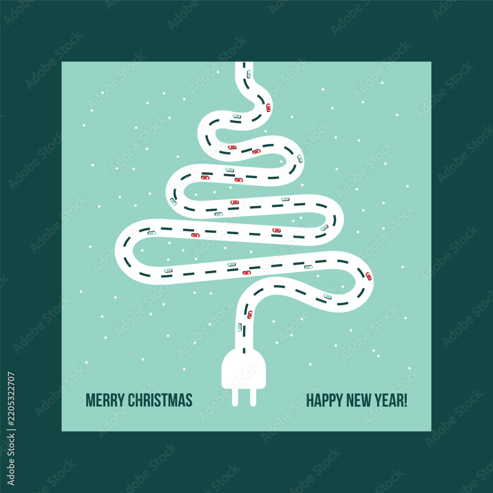 Fototapeta premium Electric vehicles driving on a winding road shaped like a Christmas tree, connecting to a power plug, representing sustainable holiday travel and green energy concepts for the festive season
