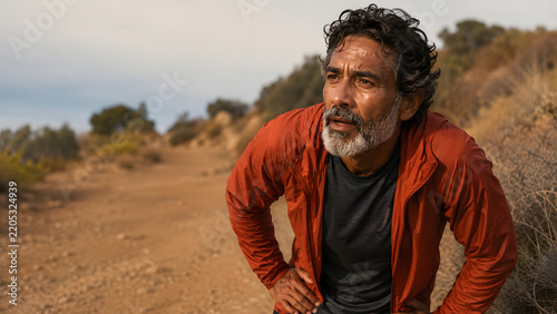 Mature male runner leans forward with hands at his hips on a dry hillside trail, wearing an open orange jacket over a dark shirt beside scrub vegetation, with distant hills in the background.