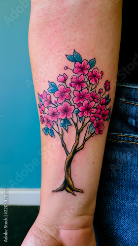 A tattoo of a tree with pink flowers on a person's arm