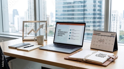 Executive office desk with 2027 sustainable business growth presentation and strategic planner