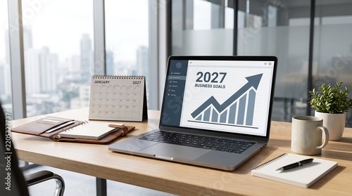Modern office workspace with 2027 business goals and growth strategy chart on laptop screen