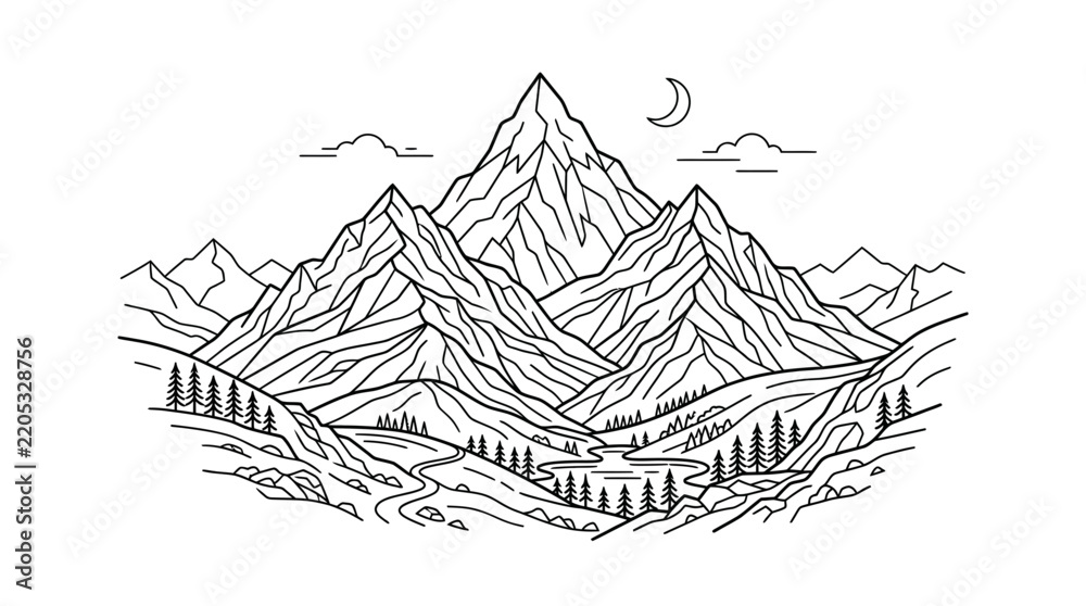Fototapeta premium Detailed mountain landscape illustration with winding river and forest for travel and adventure branding