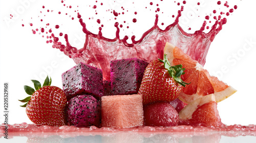 Frozen fruit cubes with vibrant berries and citrus slice on a bed of pink ice