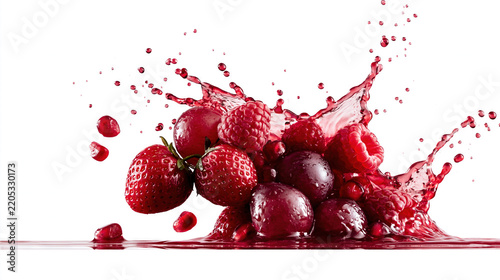 Fresh Berries with Juice Splash on White Background