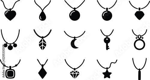 Pendant necklace icon set in solid black silhouette