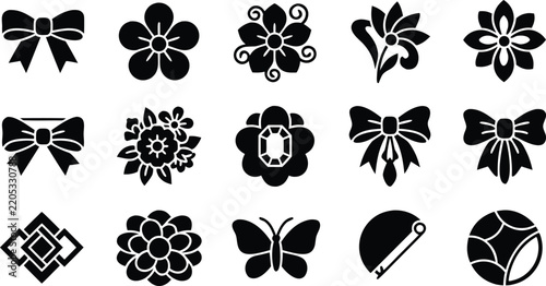 Decorative flower icon set in solid black silhouette