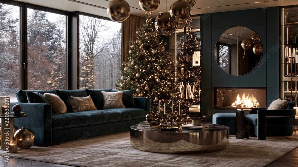 Obraz premium Modern luxury living room decorated for Christmas, featuring a festive tree, comfortable furniture, and a warm fireplace