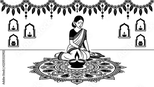 Woman sitting beside a large illuminated diya lamp on a rangoli pattern vector