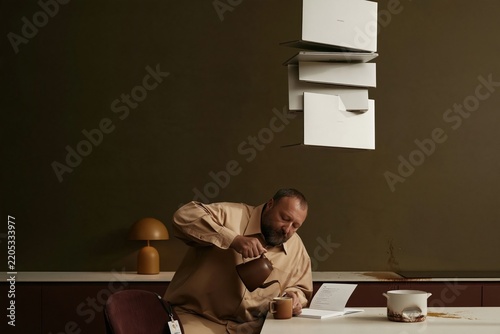 Floating laptops hover above a man pouring coffee into a mug in a dark kitchen, a moody scene for hybrid work and overwork concepts