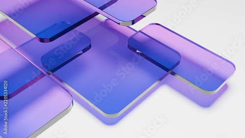 Abstract glass rectangle blue purple translucent layer, rounded geometric tile overlap with glossy gradient on white background