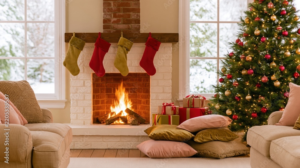 Obraz premium Cozy living room with a burning brick fireplace and decorated holiday tree, featuring soft velvet cushions for winter home campaigns
