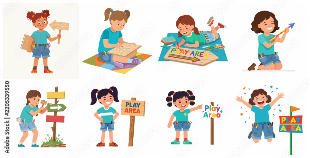 Fototapeta premium Set of illustrations of creative little girls making and decorating wooden signs for a play area