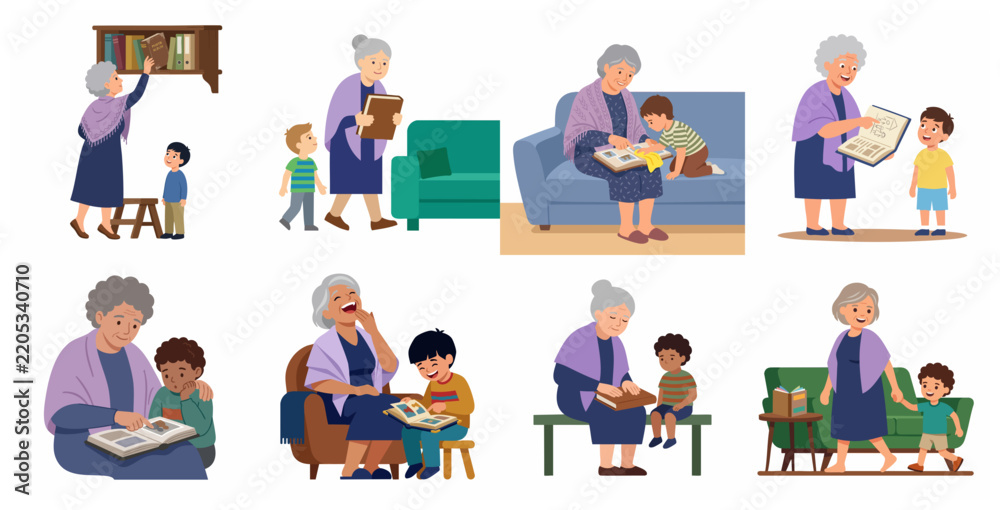 Fototapeta premium Grandmother and grandson looking at photo albums and reading books, intergenerational bonding flat vector illustration set