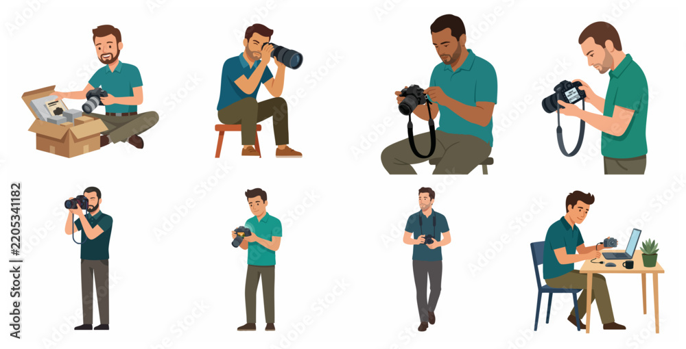 Fototapeta premium Professional male photographer character set in different poses and activities including unboxing equipment, shooting with DSLR, reviewing images, and editing on a laptop