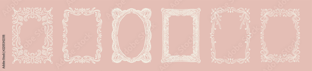 Obraz premium Set of hand drawn doodle whimsical lace frame. Baroque, rococo, renaissance style sketch linear crayon border. Victorian French, Parisian, Italian boarder for lace wedding invitation with coquette bow