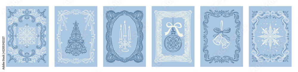 Fototapeta premium Merry Christmas and Happy New Year filigree victorian greeting card set. Embroidery lace coquettish frames. Baroque, rococo Christmas tree poster with ribbon bows. Aesthetic whimsical doodle snowflake