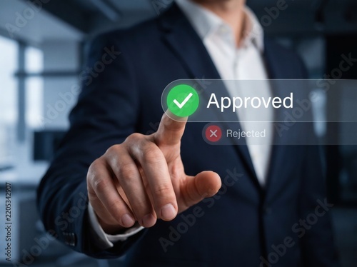 Loan approval interface with green checkmark and rejected status for digital lending decisions.
