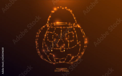 Glowing neon Halloween vector graphic element featuring a bright carved pumpkin lantern with a handle on dark background. Ideal for spooky designs and projects.
