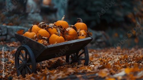 A wooden wheelbarrow filled with pumpkins and surrounded leaves