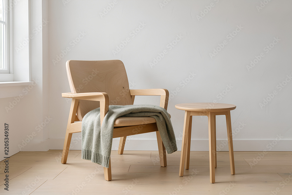 Obraz premium Quiet Nordic interior with light ash lounge chair beside a round side table