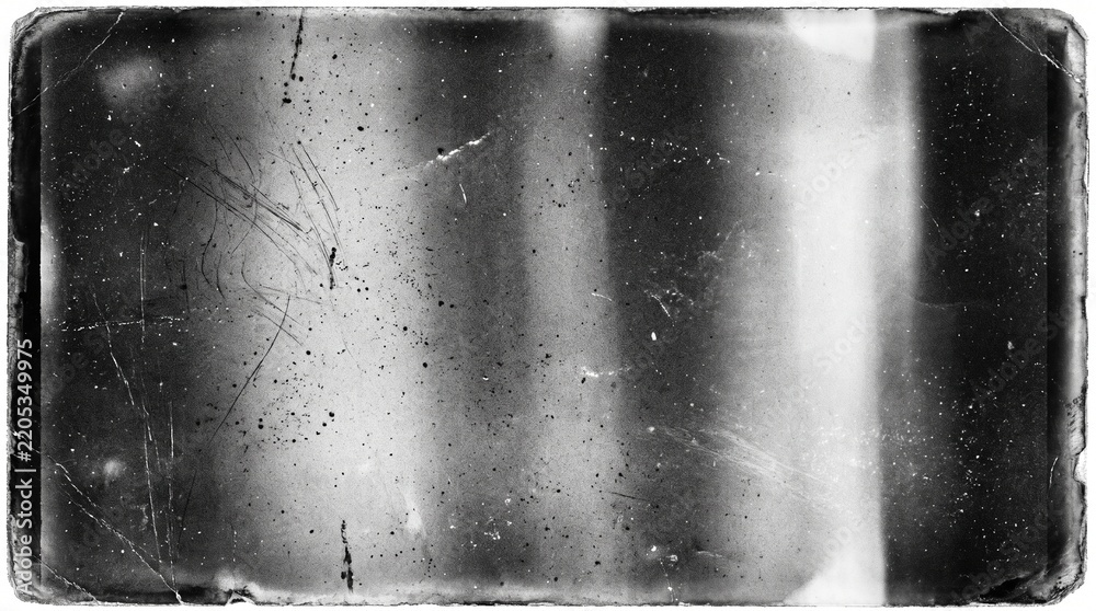 Obraz premium Old film texture with scratches, noise and light leaks. Realistic transparent overlay film texture in black-white, dust and grain. Distressed retro movie or photo negative effect of cinema nostalgia