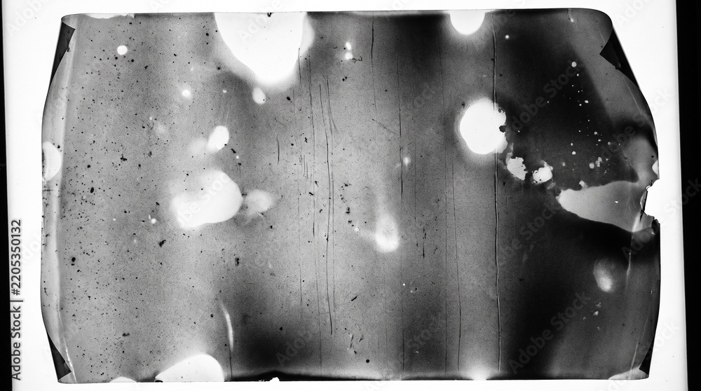 Fototapeta premium Old film texture with scratches, noise and light leaks. Realistic transparent overlay film texture in black-white, dust and grain. Distressed retro movie or photo negative effect of cinema nostalgia