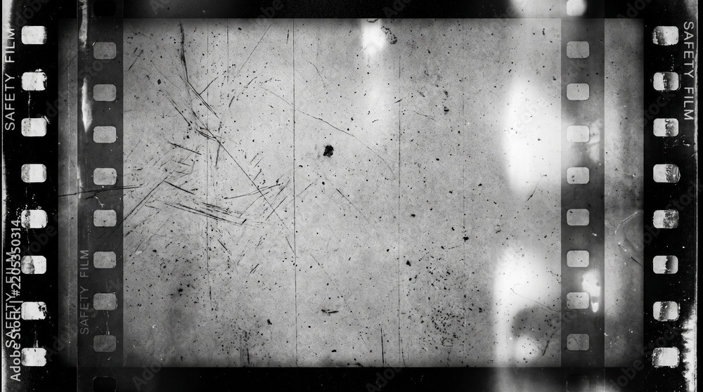 Obraz premium Old film texture with scratches, noise and light leaks. Realistic transparent overlay film texture in black-white, dust and grain. Distressed retro movie or photo negative effect of cinema nostalgia