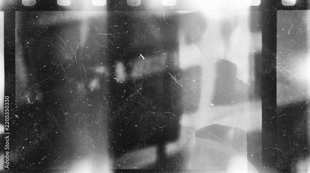 Obraz premium Old film texture with scratches, noise and light leaks. Realistic transparent overlay film texture in black-white, dust and grain. Distressed retro movie or photo negative effect of cinema nostalgia