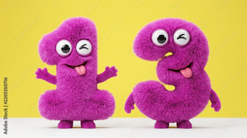 Obraz premium Funny Magenta Furry Number Thirteen Characters on Yellow Background