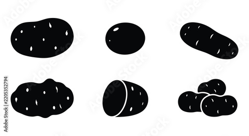 Black silhouette vector illustrations depict various potato shapes and forms on a white background