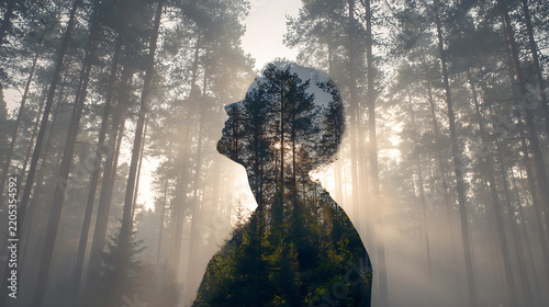 Mental health concept showing a human silhouette blended with a peaceful forest, symbolizing inner healing, self reflection, emotional balance, mindfulness, connection, and psychological wellbeing