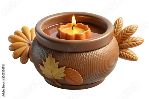 Handcrafted ceramic autumn candle holder with warm burning flame and decorative seasonal leaves on transparent background