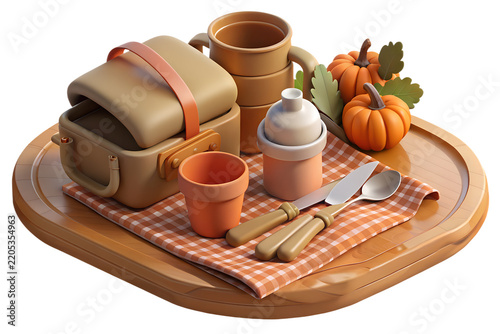 Festive autumn candle in ceramic bowl decorated with seasonal leaves and pumpkins isolated on transparent background