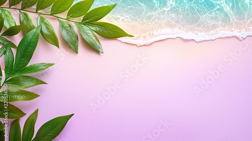 Tropical green leaves and clear ocean wave water on pastel pink sand background with copy space