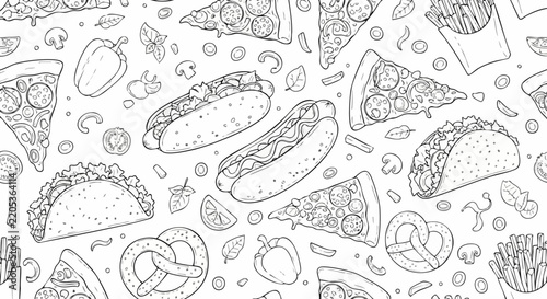 Seamless Pattern of Hand Drawn Fast Food Items Line Art.