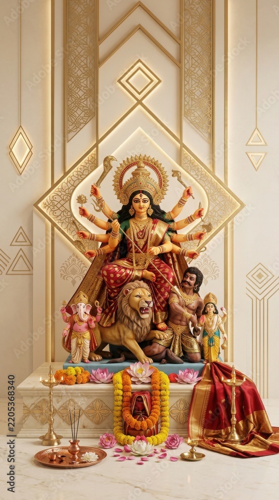 Fototapeta premium Goddess Durga idol decorated for Durga Puja festival with traditional lamps