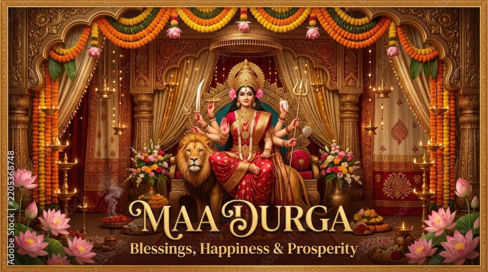 Fototapeta premium Goddess Durga sitting on lion for Durga Puja festival celebration