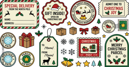 Christmas gift labels and stickers collection with north pole theme christmas stickers delivery workshop shipping wrapping decorations snowflake reindeer presents seasonal graphics