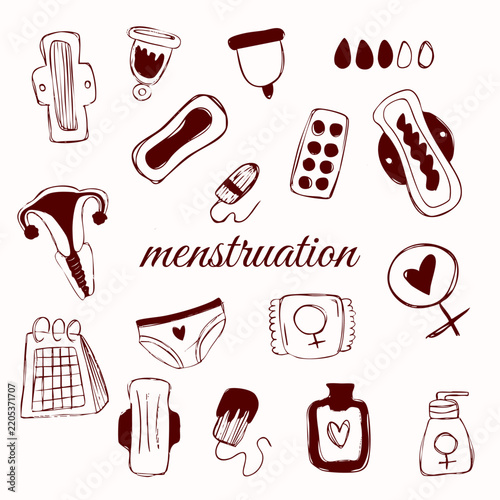 Menstruation and Feminine Hygiene Hand Drawn Icon Set