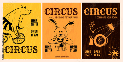 Vintage Circus Posters with Bear Rabbit and Cannon Illustrations