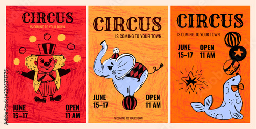 Vintage Circus Posters with Clown Elephant and Seal Illustrations