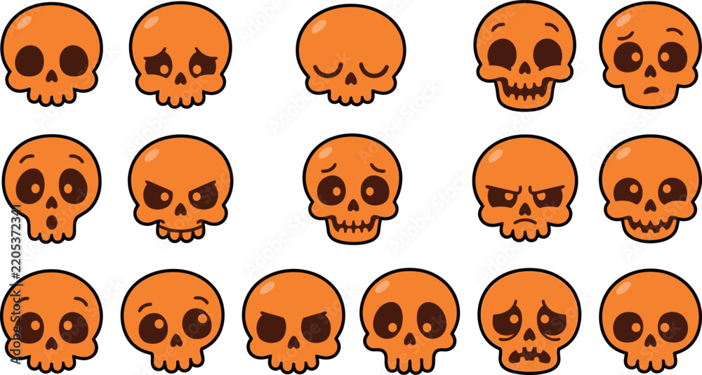 Obraz premium Collection of orange cartoon skulls arranged in a grid pattern on white background