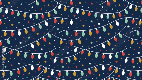 Seamless Christmas String Lights Bulb Pattern Dark Background Flat Vector Art
