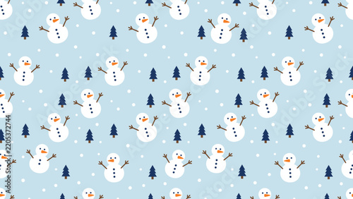 Cute Snowman And Tree Pattern Seamless Christmas Winter Background Flat Vector Art