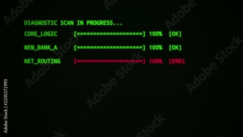 Old computer terminal booting system kernel and establishing network uplink retro style green text showing a boot sequence including and initialization green text boot code retro